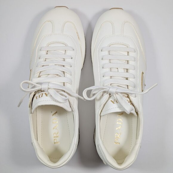 NIB Prada Leather Sneakers, Ivory, Retired Style: 1E410N-013-F0304 - Picture 6 of 12